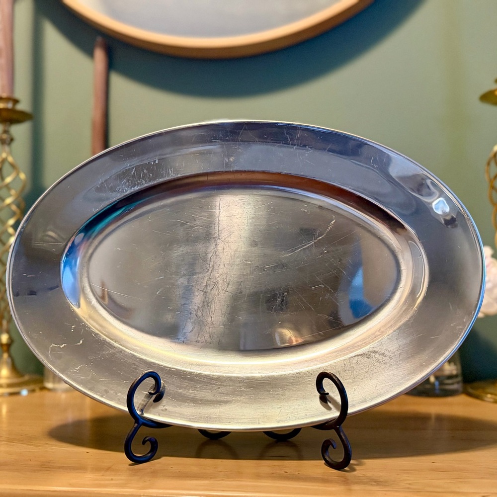 Ornate Stainless Steel Etched Large 16” Oval  Serving Tray By Interpur Of Korea